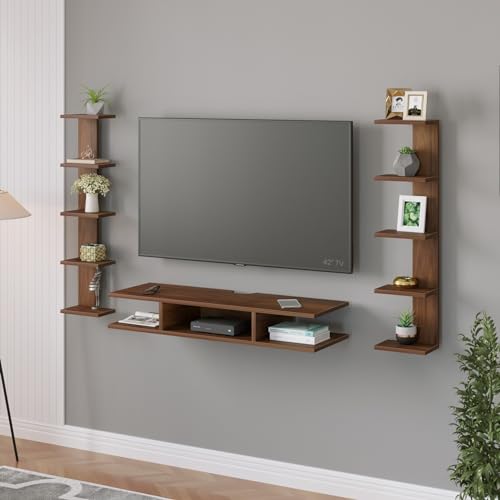 Image of BLUEWUD Estoye Standard Engineering Wood Wall Mount TV Entertainment Unit Set Top Box Stand /TV Cabinet Panel with Shelves for Books & Decor Display Unit, Ideal for 50 inch (Brown Maple)
