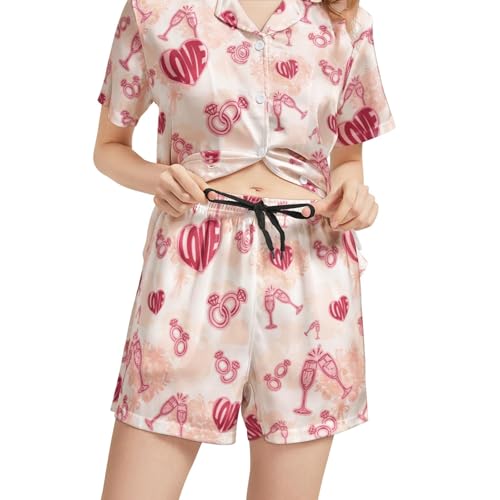 Image of Funny Pajamas for Women Set Print Satin Loungewear Pjs Short Sleeve Button Down Top and Shorts Sets Sleepwear XS-3XL