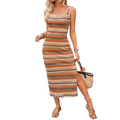 Vestido Largo Elegante de Jacquard con Abertura y Rayas geométricas para Mujer, 2025, sin Mangas, elástico, de Punto, con Escote Cuadrado (Orange,S)