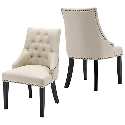 LSSBOUGHT Dining Chairs Set of 2 Padded Studded Armchairs Upholstered Tufted Accent Chairs with Black Solid Wooden Legs Nailed Trim Living Room Chairs for Home Kitchen Bedroom, Beige Cover
