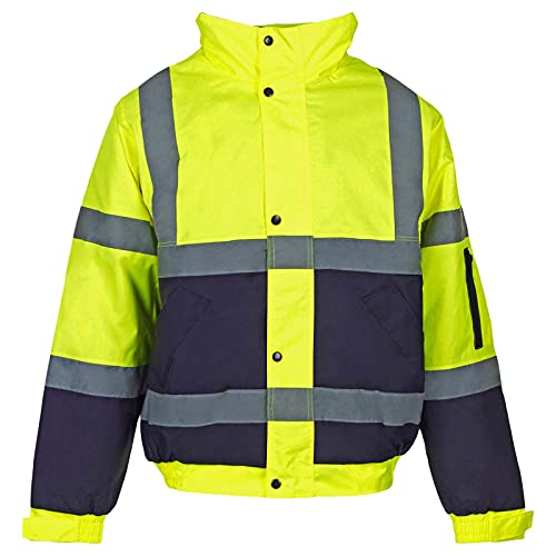 Hi Viz Vis Bomber Jacket High Visibility Security Workwear Safety Wear Fluorescent Flashing Reflective Tape Contractor Concealed Hood Waterproof Padded Hooded Work Coat Top(Yellow/Navy,XL)
