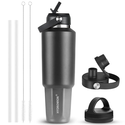 Image of HYDROWION 32 oz Insulated Water Bottle, Car Water Bottle Holder - Double Wall Vacuum Insulated Travel Bottle with Straw Lid, Spout Lid and Flex Cap - Cold for 24H, Hot for 12H, Black - Grey