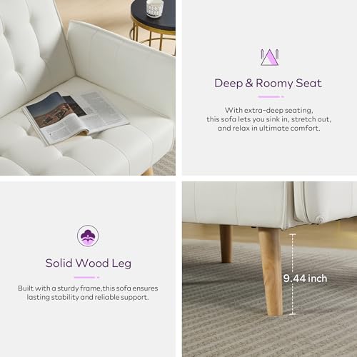 Image of TYBOATLE Modern White Faux Leather Upholstered Convertible USB Folding Futon Sofa Bed, 65 inch Couch, Love Seats Furniture for Small Space Configuration, Apartment, Dorm, Living Room, Office