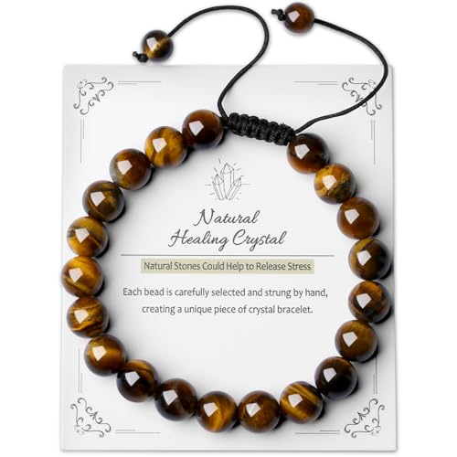 AWARDSEN Tiger Eye Bracelet 8mm Brown Gemstone Protection Bracelet Grounding Healing Crystal on Adjustable Macrame Cord, Unisex Spiritual Gift