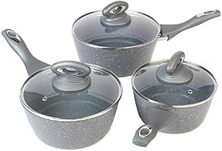 Salter BW02986G 3 Piece Pan Set, Non-Stick Induction Hob Suitable With 16/18/20 cm Saucepans With Lids, Tough Forged Aluminium Kitchen Cooking Pots, Dishwasher Safe, Marblestone Collection, Grey