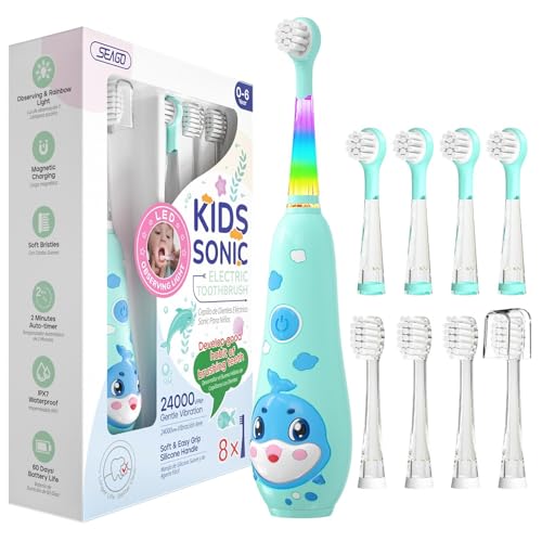 Seago recharge brosse a dent electrique enfant, brosse a dent bebe avec lumière LED 8 têtes, 60 jours d'utilisation, minuteur et étanche IPX7, pour 2 ans à 6 ans, SG2139, Cyan