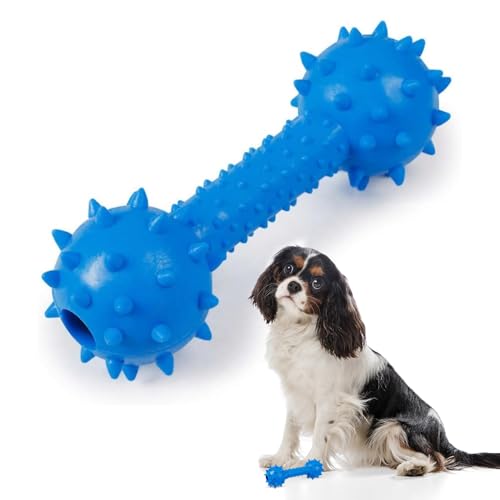 Image of Durable Chew Toy Dumbbell for Dogs and Cats - Durable Soft Natural Rubber Squeaky Spiky Dumbbell |Dental Teething Cleaning Chew Toy(Blue)