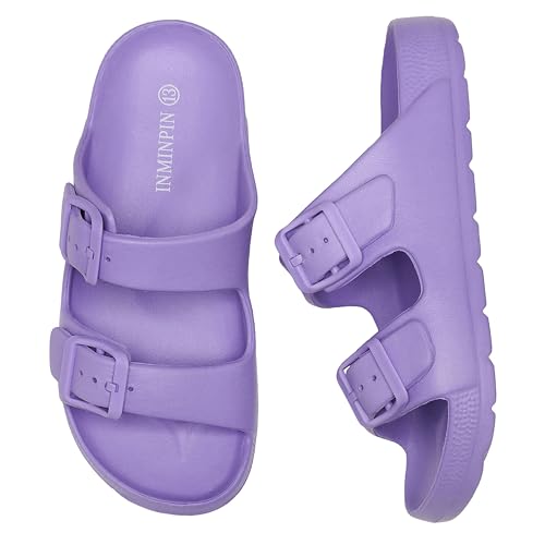 Inminpin Boys Girls Double Buckle Slide Sandals Comfort Beach Pool Shower Slippers Adjustable Indoor Outdoor Little Kid/Big Kid,Purple,2 Big Kid thumb #1