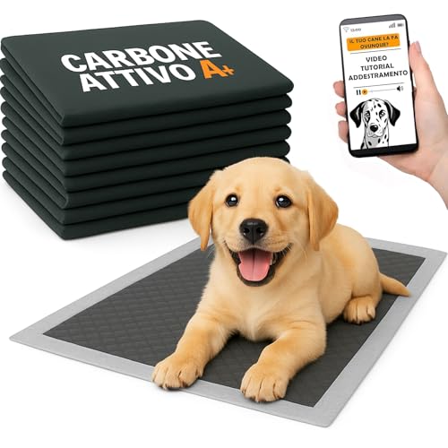 HAND Traversine Cani Carboni Attivi 60x90 cm, 50 Pezzi Super Assorbenti e Antiodore, Tappetini Igienici Neri per Cani e Cuccioli con Adesivi di Fissaggio, Extra Spessi e Resistenti (50 Pezzi 60x90 cm)