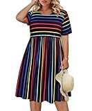CARCOS Womens Plus Size Dress 2X Black Crewneck Short Sleeve Babydoll Dresses with Pocket High Waist Rainbow Striped Tunic Dresses A-Line Vacation Boho Beach Mini Dress 2XL 18W 20W