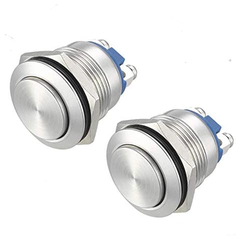 APIELE (Pack of 2) 19mm High Round Cap Waterproof Momentary Stainless Steel Metal Push Button Switch High Flush Screw Terminals 250V 5A 1NO SPST (Silver) Cover