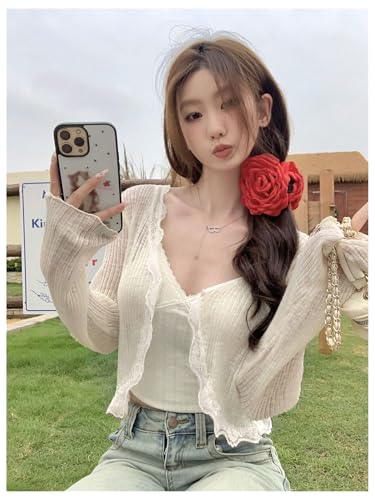 SHENHE Women's Sheer Lightweight Knit Cardigan Button Open Front Lace Trim Cover Up Cardigan4