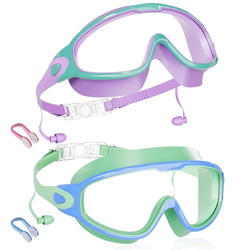 Aegend New Kids 2 Pack Wide View Swim Goggles, Anti-Fog/UV No Leak Goggles with Ear Plugs Kids 3-14
