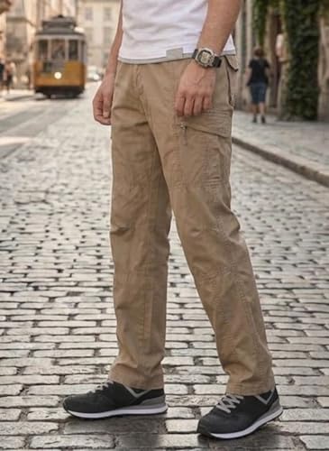 Image of Men's Cotton Cargo Pants |Bottom with 6 Pockets & Drawstring Waist | Breathable Lower with 6 Pockets & Drawstring Elastic Waistband | Casual Bottoms Travel Outdoor