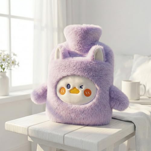 Image of Hot Water Bottle with Plush Duck Cover 1000ML Premium Leak-Proof Heating Bag for Period Cramps, Back, Neck & Joint Pain Relief Hot & Cold Compress for Muscle Injuries & Swelling with Bunny Sleeve (Lavender - Duckling)
