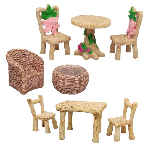 UJBVCX 8 Pièces Ensemble Table et Chaises Miniatures pour Maison de Poupée, Meubles de Jardin Miniatures en Résine pour Décoration Intérieure Extérieure,...