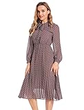 HAOKEKE Women's Long Sleeves Chiffon Dress Retro Brown Grid Pleated Buttons Down Bow Tie Fairy Lady...