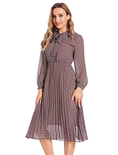 HAOKEKE Women s Long Sleeves Chiffon Dress Retro Brown Grid Pleated Buttons Down Bow Tie Fairy Lady Dress XXL