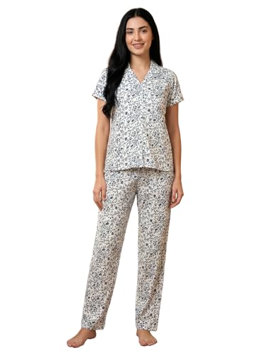 Image of Clovia Women's Cotton Printed Button Down Shirt & Pyjama Night Suit Set