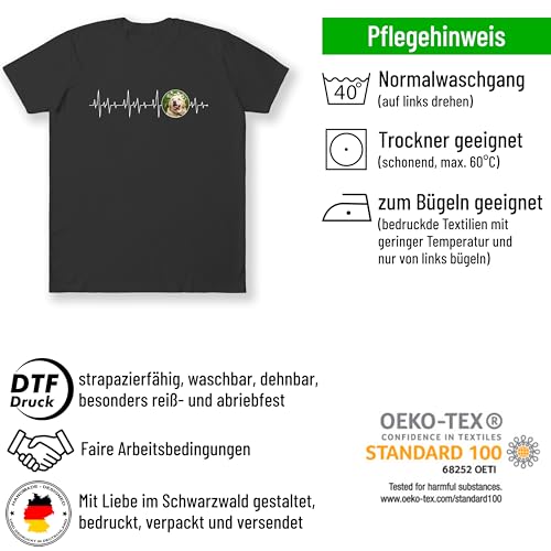 T-Shirt personalisiert „Bild & Herzschlaglinie“ – Tiermotiv Shirt mit eigenem Foto Bedrucken - für Damen & Herren - Geschenk für Hundebesitzer, Hundeliebhaber, Katzenfans - Schwarz, Gr. XXL
