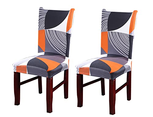 Image of House of Quirk Elastic Chair Cover Stretch Removable Washable Short Dining Chair Cover Protector Seat Slipcover (Pack of 2, Grey /Orange Abstract)