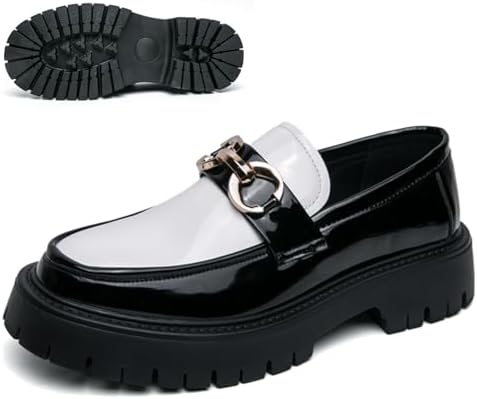 QOOEL Men's Patent Leather Chunky Platform Penny Loafers with Metal Decoration Slip-On Lug Sole Dress Business Work Shoes Daily Non-Slip Shock Absorbing Casual Shoes