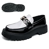 Men's Patent Leather Chunky Platform Penny Loafers with Metal Decoration Slip-On Lug Sole Dress Business Work Shoes Daily Non-Slip Shock Absorbing Casual Shoes (White and Black,14)