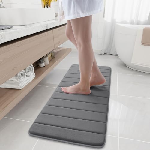 Image of Buganda Memory Foam Soft Bath Mats - Non Slip Absorbent Bathroom Rugs Rubber Back Runner Mat for Kitchen Bathroom Floors 16 inchx47 inch, Grey