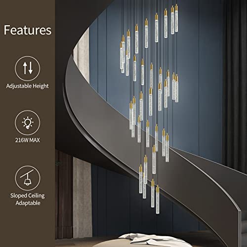 Image of 36-Light Modern Living Room Chandelier Gold Brass Finish Crystal Ceiling Pendant Lights LED Dimmable 216W 6000K Staircase Large Chandeliers for Entryway Lobby Foyer High Ceiling Chandeliers