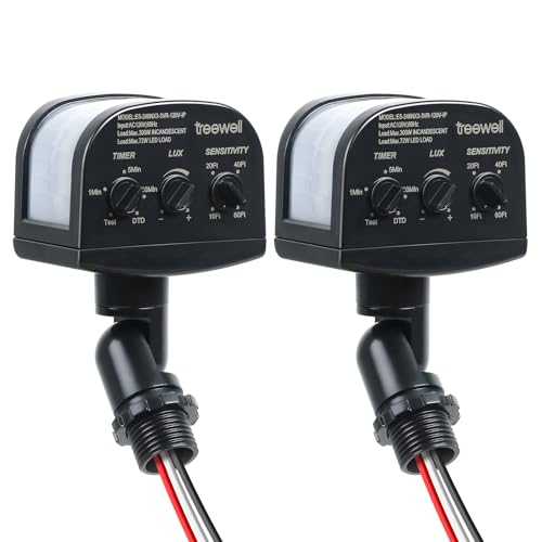 TREEWELL 2 Pack 240-Degree Replacement Motion Sensor, Adjustable LUX(5-300) & Time & Detection Sensitivity Up to 60 Feet Range, 3 Working Modes Outdoor Motion Detector for Security Floodlight, Black