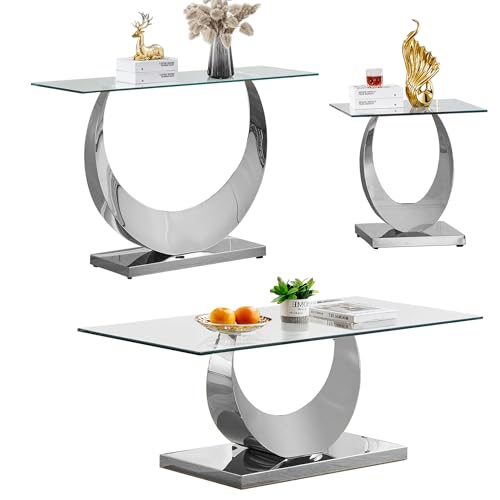 3 Pieces Luxury Silver Living Room Table Set, Modern Glass