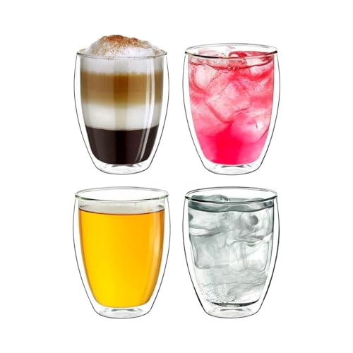Recamania Set de 4 Vasos de vidrio de doble pared de 250 mL – Aislantes, resistentes al calor...