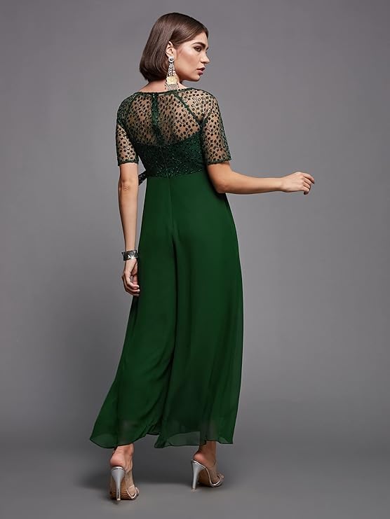 Women's Lace Jumpsuit, Floral, V-Neck with Belt, Flutter Sleeves, Wide Leg