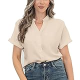 Women's Summer Dressy Chiffon Blouse Notch V Neck Short Sleeve Button Up Tops Loose Casual Cute Teen