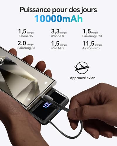 INIU 45 W Power Bank, 10000 mAh Slim Power Bank with Integrated USB-C Cable, High-Speed Portable Charger USB C In&Out, Battery Pack for iPhone 16 15 14 13 Samsung Xiaomi MacBook