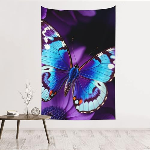 Tapisserie papillon bleu violet 152x101 cm en velours pêche pour décoration murale