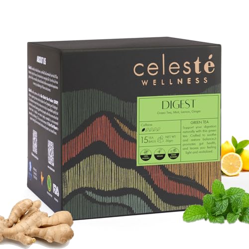 Image of Celeste Digest, Ginger Mint Tea with Lemon | 15 Pyramid Green Tea Bags | 100% Natural Ingredients
