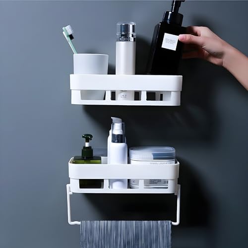Image of House of VIPA Plastic Bathroom Shelf for Wall, Self-Adhesive Bathroom Organiser with Towel Holder, Ideal Bathroom Accessories for Efficient Space Utilisation (Bath Shelf, 2 Pack), Multicolor