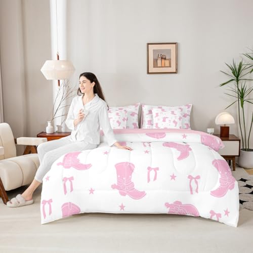 7 Pieces Western Cowgirl Comforter Set King Size, Pink Cowboy Boots Cute Bows Bedding Set, Pink Bowknot Stars Print Bed in A Bag with Comforter, Sheets and Pillowcases, Kids Girls Women Room Decor