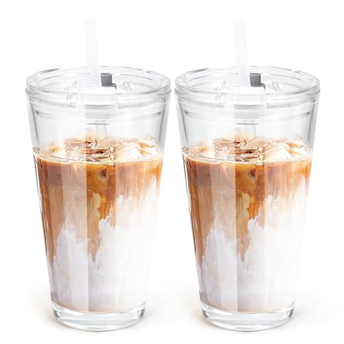 Icesip 15oz Iced Coffee Glass Cup with Lid and Straw Thick Leak Proof Drinking Glasses Tumbler Set of 2 for Gift Cold Drink Smoothie Boba Tea(Clear*2)