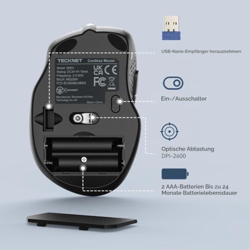 TECKNET Kabellose Maus, 2.4G Optische Funkmaus mit USB Empfänger, Grau – Ansicht 6