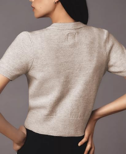 Image of Aimiray Women's Cable Short Sleeve Cardigans Sweater Button Down Lightweight Cropped Casual Ribbed Knitted Tops(Beige-M)