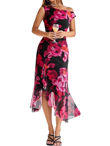 BerryGo Women Summer One Shoulder Maxi Dress Floral Ruched Mesh