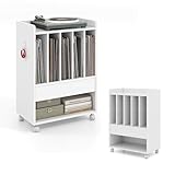 KOMFOTTEU Soporte para Tocadiscos con Ruedas, Mesa Auxiliar con 5 Compartimentos, Cajón, Estante Inferior y Ganchos, Armario de Almacenamiento para hasta 180 Álbumes, 52 x 29,5 x 73 cm, Blanco
