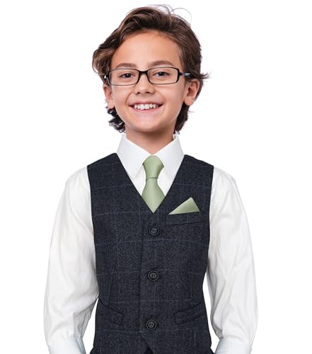 Image of Boy's Solid Tie with Pocket Square Set, Regular Necktie for Children and Kids, Self-Tied