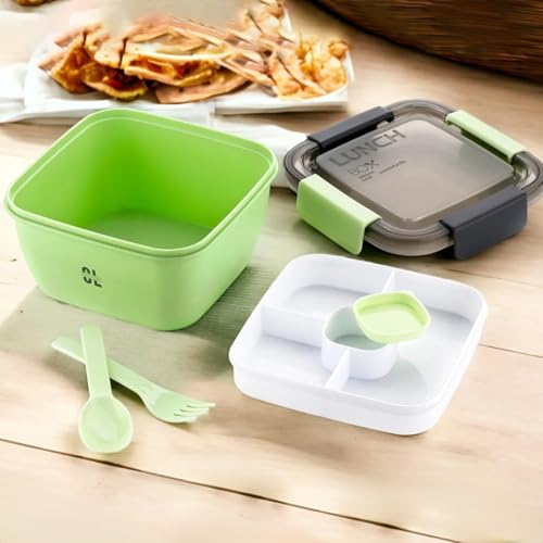 Image of 5 Compartment Plastic Lunch Box with Spoon & Fork | Leak Proof Lock Mechanism | Microwave Dishwasher & Freezer Safe Lunch Box for Kids & Adults School Office Use