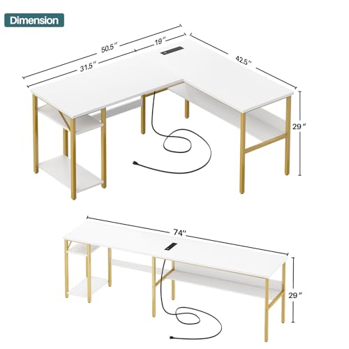 Unikito Reversible L Shaped Desk with Magic Power Outlets and USB Charging Ports, Sturdy Corner Computer Desk with Storage Shelves, Gaming Table Home Office Desk, Easy to Assemble, White and Gold by Unikito - Image 8