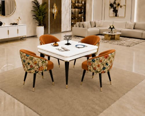 Image of WOODEN SPACE 4 Seater Wooden Dining Table Set | Urban Marble Top Dining Table with Chairs for Dining Room & Kitchen (Modern Classic Printed Mustard) (42 x 42 x 30 inch)