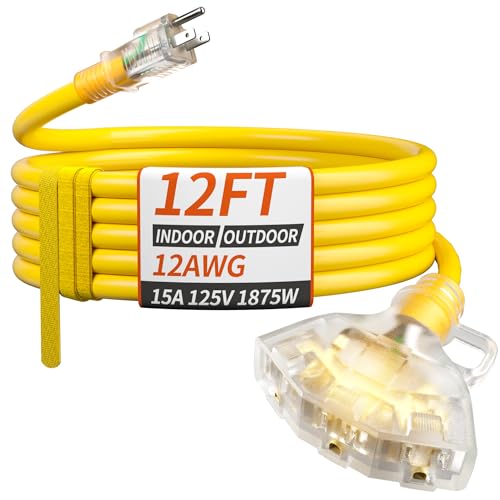 PlugSaf 12 FT 12/3 Gauge Outdoor Extension Cord with Multiple Outlets Light Indicator Flexible 3 Outlet Weatherproof Heavy Duty Extension Cord Waterproof Yellow 15A 1875W 12AWG SJTW ETL Listed