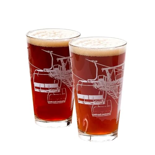 Black Lantern Pint Glass Set of 2 - Premium Ski and Skiing Themed Beer Glass and Everyday Drinking Glasses - 16 Ounce Pint Glass - Craft Beer Enthusiasts - Après-Ski and Cabin Decor (Ski Lift White)